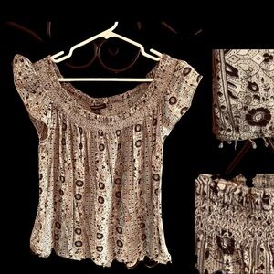 American Eagle Smocked Fringe Off The Shoulder Top Boho Size S